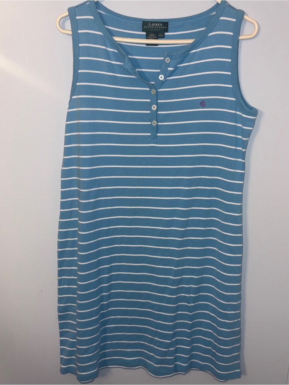 Lauren Ralph Lauren Blue & White Striped Sleeveless Henley Dress Size Large